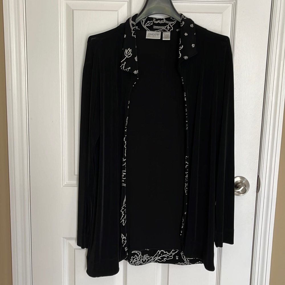 Chico Black with White Flower Detail Trim open Jacket